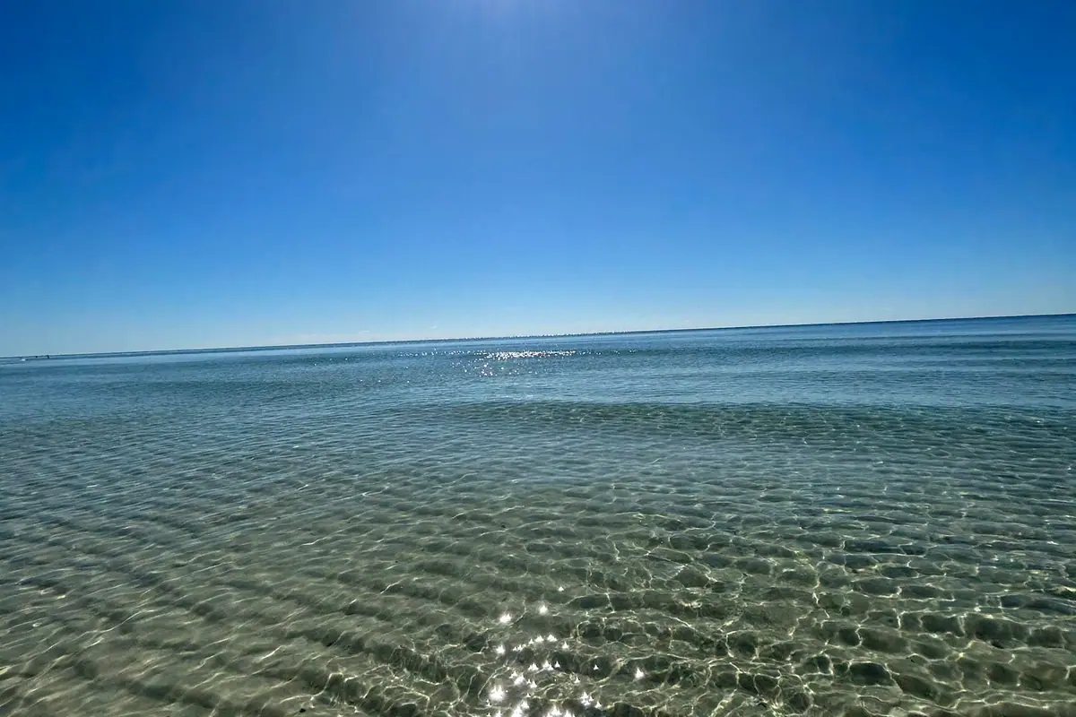 Low sun reflecting across calm open sea seen from the shoreline
