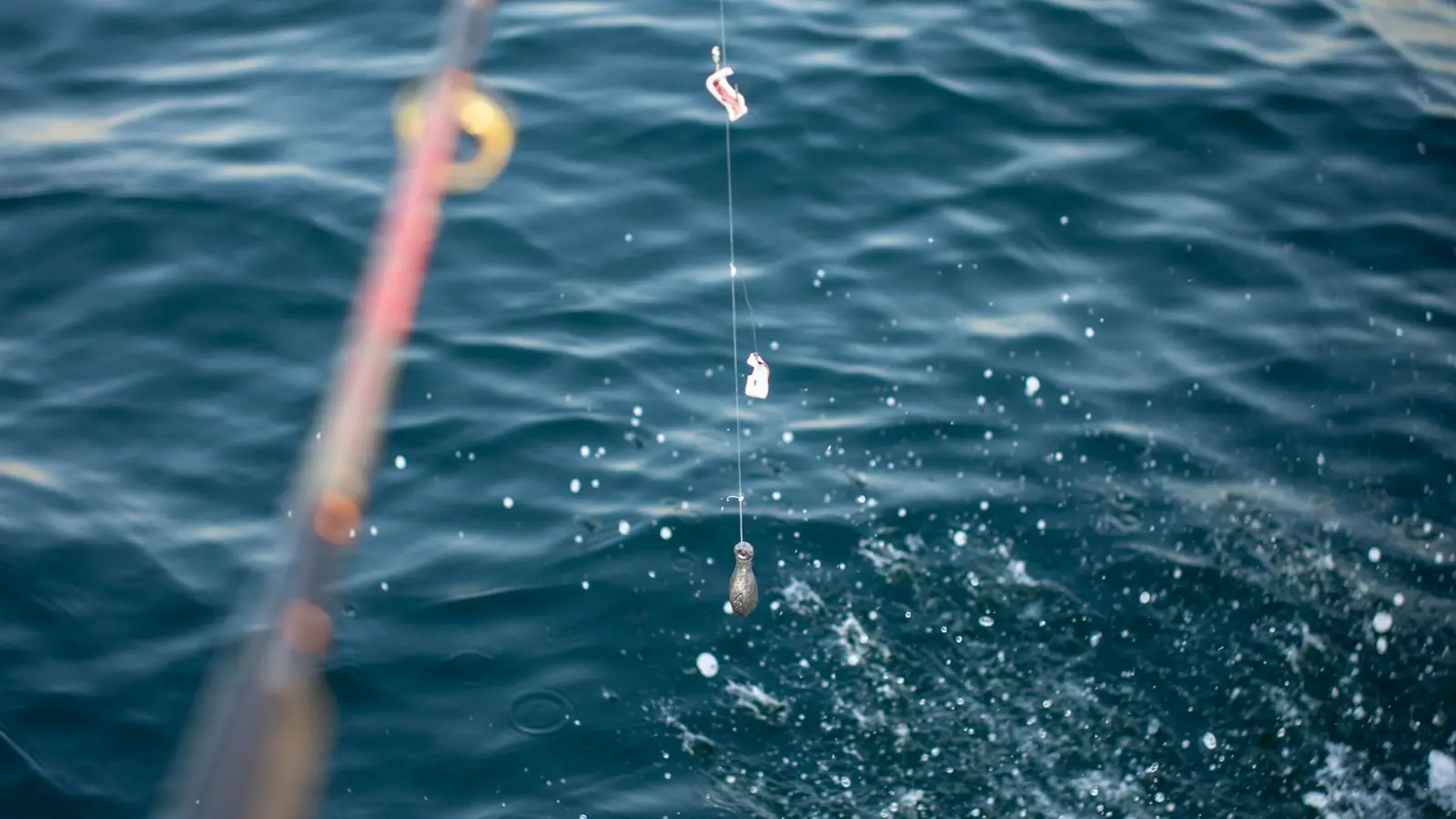 A fishing rod angled out over deep blue offshore water