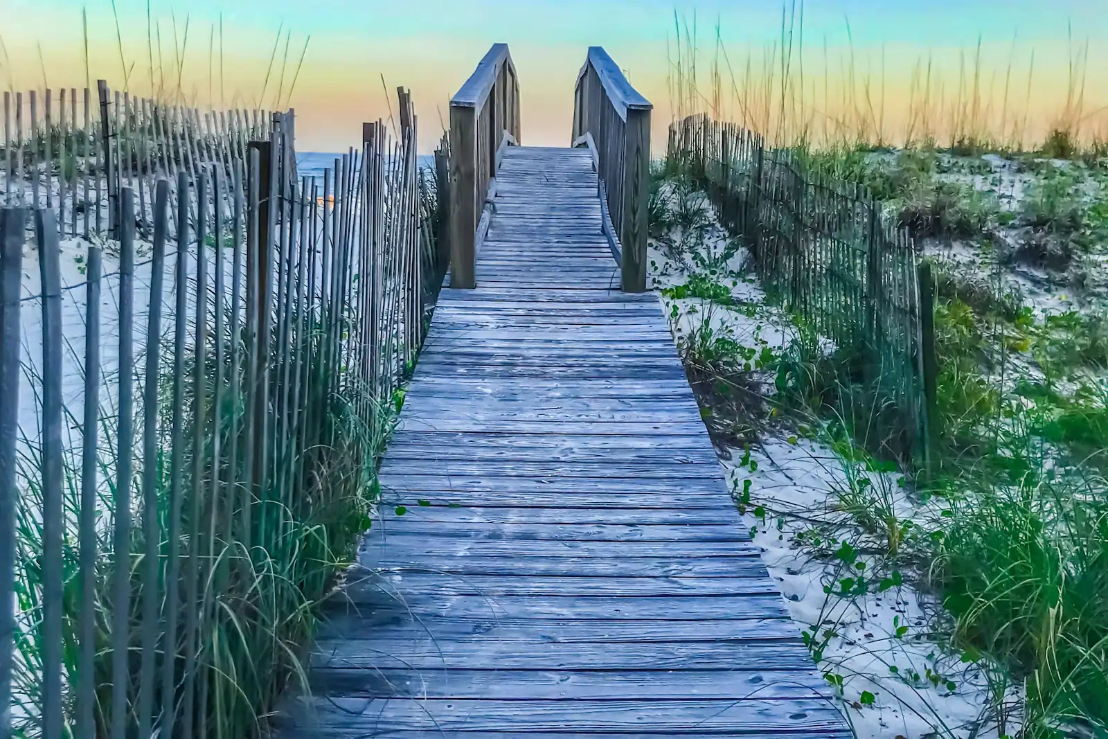 A raised wooden walkway running through tall coastal grass towards the dunes