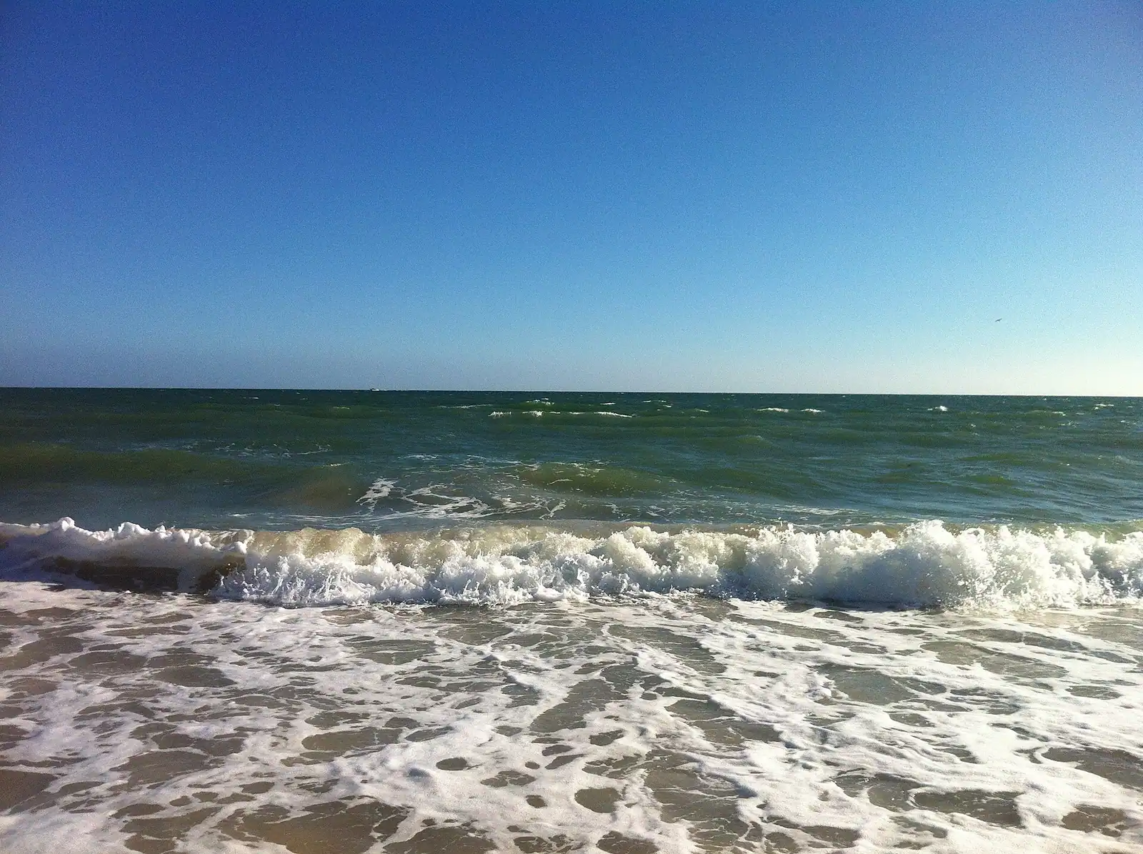 A wide empty stretch of pale sand running away beside shallow clear water with almost nobody on it